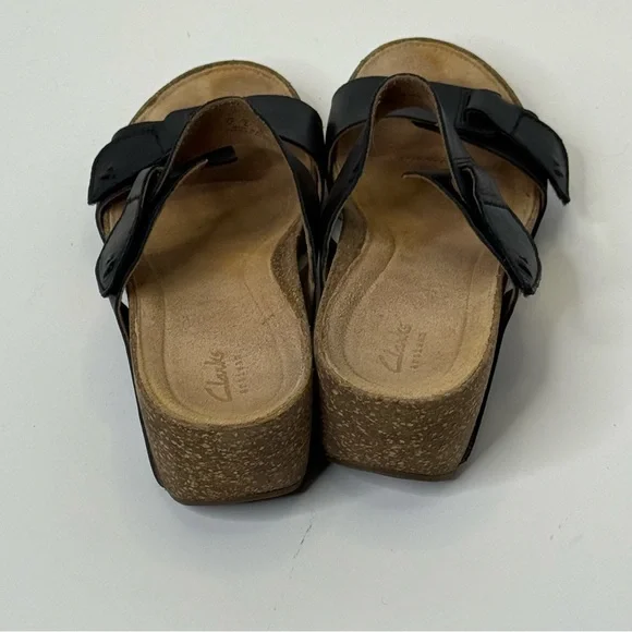 Clarks Black Wedge Sandals Leather Two-Strap Design with Adjustable Buckles 9 - Picture 3 of 9